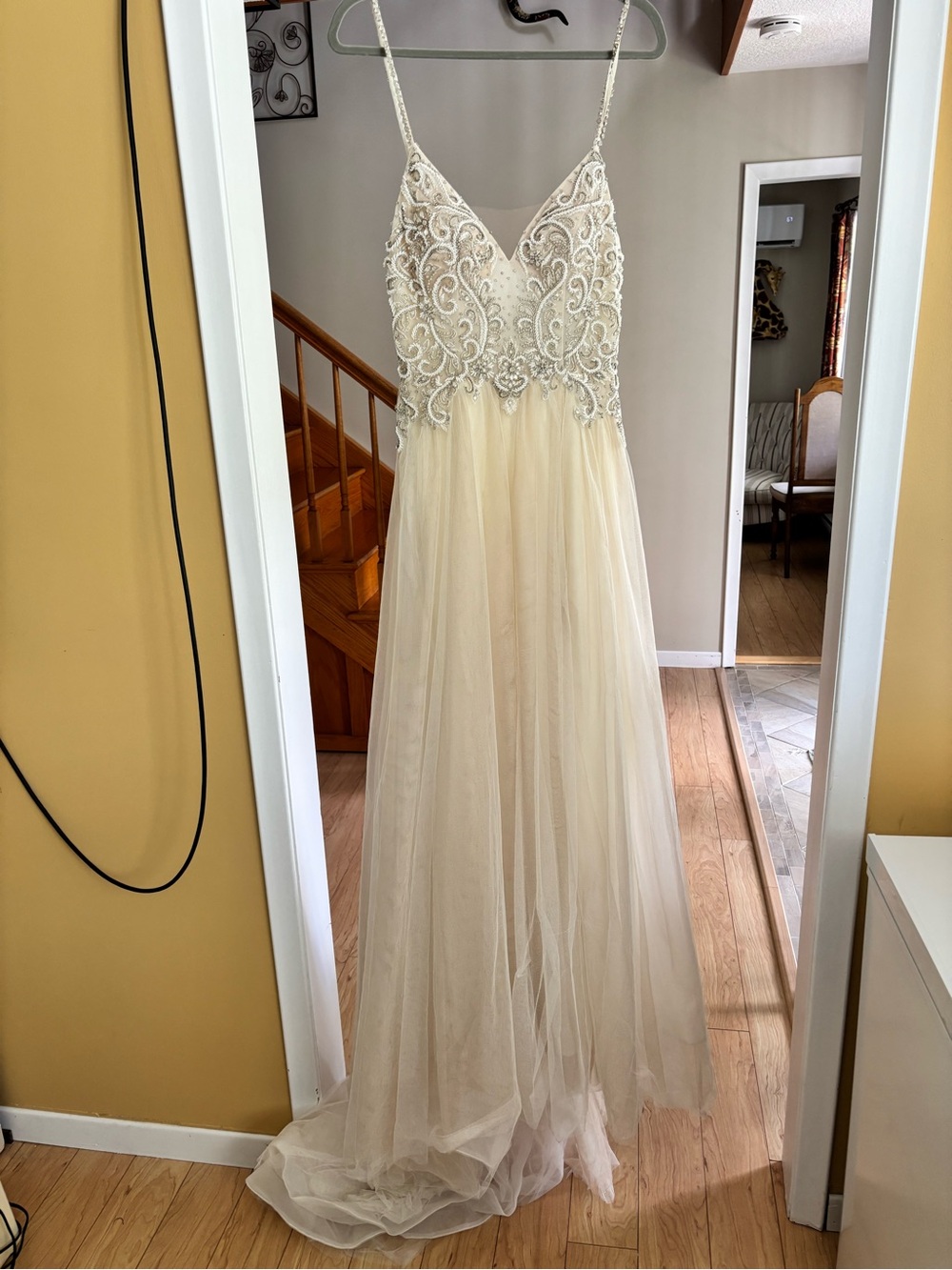 Ivory Beaded Spaghetti Strap Evening Gown
